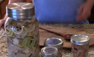 Pickled Catfish in the large jar and pickled salmon in pint jar on the right.